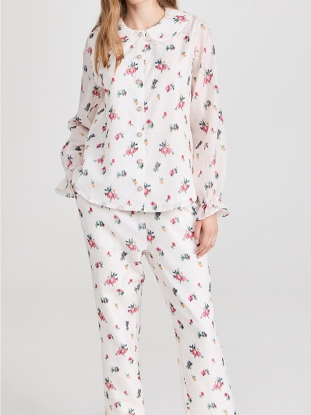 Hill House Home White ‘Going Out’ Pajama Set with Pink & Green Bouquet Print